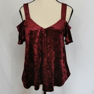 Lush Crushed Velvet Cold Shoulder Top in Deep Burgundy Red - Sz S
